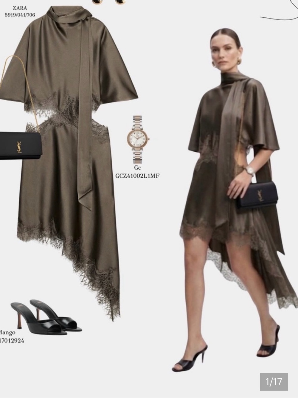 NWT Zara Olive Mink Lace-Trim Short Cut Out Dress Medium 5919/041 Satin Effect - Picture 7 of 8